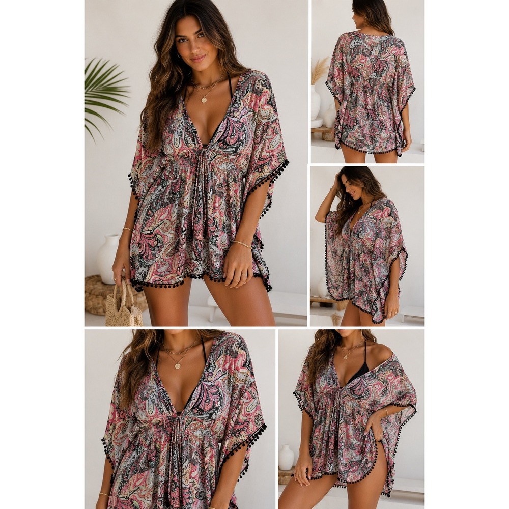 Victorias Secret Paisley Pom Pom Trim Swim Cover Up Kaftan Pink Blue Large